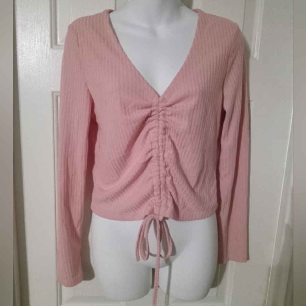 Pink Ruched V-Neck Women's Top